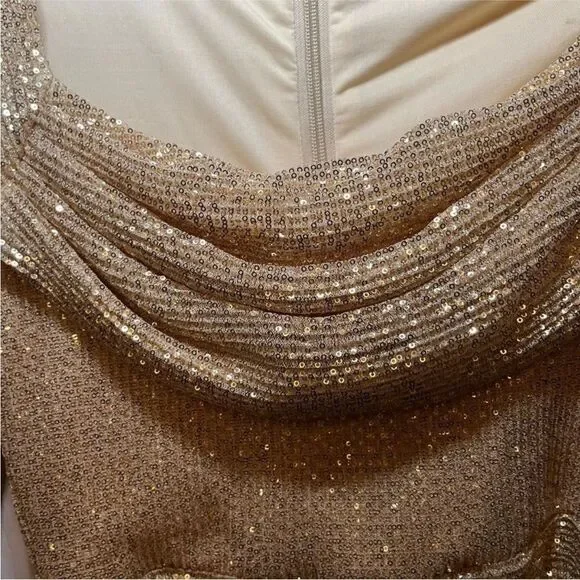 Lavish Alice NWT Gold Ruched Sequin Long Sleeve Mini Dress Size 4 - Picture 6 of 8